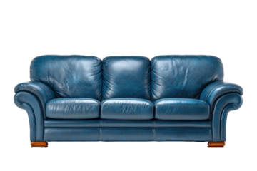 Deep blue leather sofa with sculpted arms