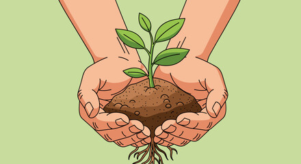 Illustration of hands holding soil with a small plant growing out of it against a light green background