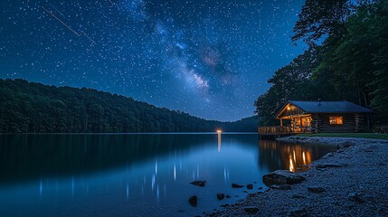 Fototapeta premium Serene Lakeside Cabin Under Starry Night Sky with Milky Way