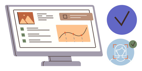 Desktop screen displaying analytics, bar chart, colored checkmarks, and user profile verification. Ideal for technology, business, analytics, data security, software identity user interface