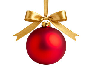 Red Christmas Bauble with Gold Bow Reflected on Glossy Surface, Elegant Grounded Composition