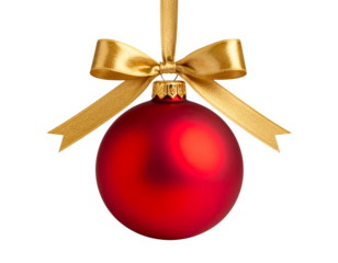 Red Christmas Bauble with Gold Bow Reflected on Glossy Surface, Elegant Grounded Composition