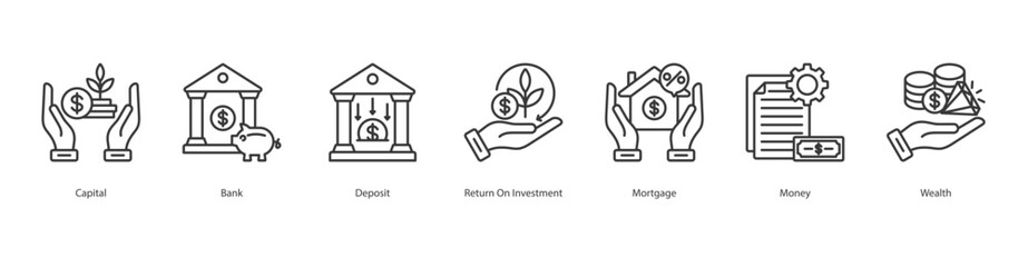 Asset Growth banner web icon set vector illustration concept with icon of capital, bank, deposit, return on investment, mortgage, money, wealth