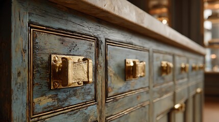 Old Cabinet with Drawers and Golden Handles