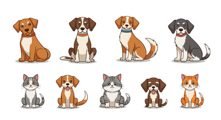 Obraz premium Illustration of an assortment of cartoon dogs and cats sitting with different colors and markings
