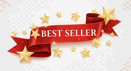 A red best seller ribbon surrounded by golden stars on a transparent background illustration style