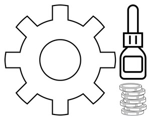 Gear, tall glue bottle, stack of coins symbolize process, maintenance, innovation, monetary value. Ideal for industry, production engineering repair economy productivity manufacturing. Simple