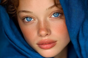 Fototapeta premium Captivating Young Woman with Blue Eyes Freckles in a Blue Veil Closeup Portrait.