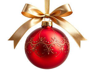 Vintage Red Christmas Bauble with Textured Surface and Satin Ribbon Bow, Transparent PNG