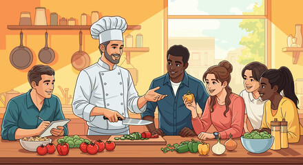 Chef demonstrating cooking skills to a group of diverse people around a kitchen counter with vegetables