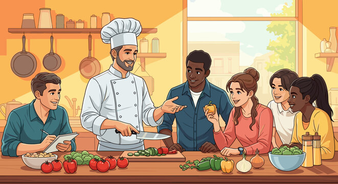 Chef demonstrating cooking skills to a group of diverse people around a kitchen counter with vegetables