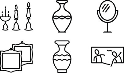 A clean and minimalistic set of six black silhouette icons representing various home decor items, displayed on a white background. This vector style illustration includes a candelabra, decorative vase