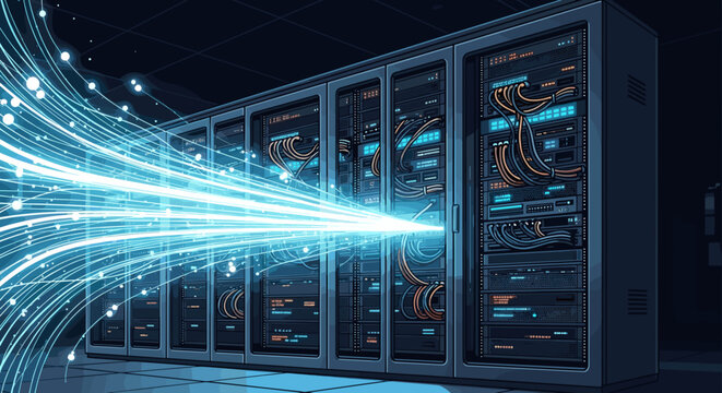 A server room with multiple racks and blue light streaks indicating data flow and network connectivity shown