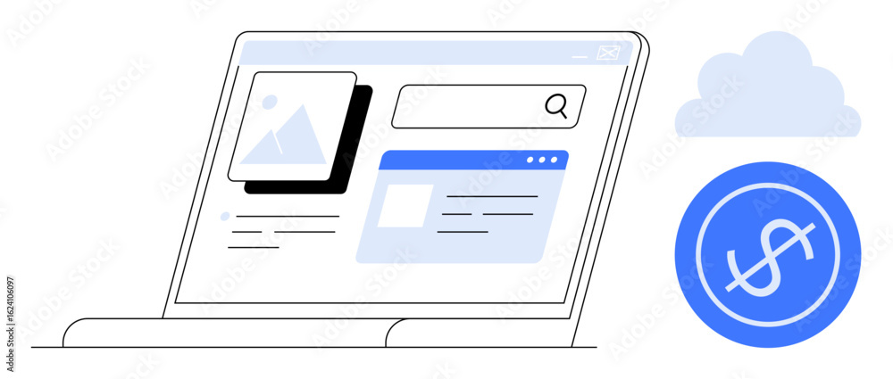 Poster laptop showcasing a search bar, thumbnail, and content in a web layout with a cloud and dollar icon.