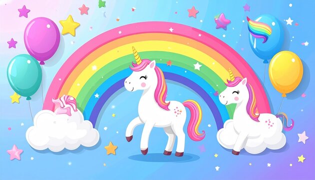 Cute unicorns under a rainbow