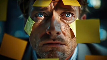 Daily burnout with disconnected mind concept. A focused professional surrounded by sticky notes, deep in thought.