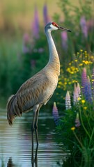 Naklejka premium A Graceful Sandhill Crane in a Field of Wildflowers A majestic bird stands elegantly among vibrant flora at the water's edge