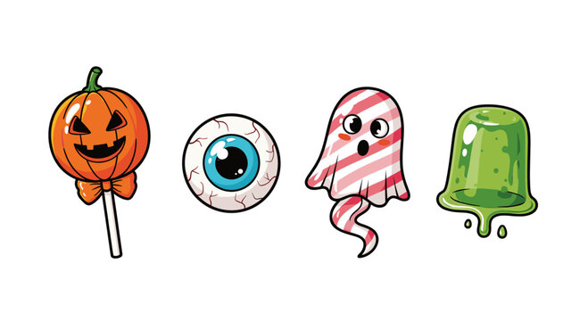 Cute halloween icons vector illustration pumpkin lollipop ghost eyeball jelly clip art for kids party decoration