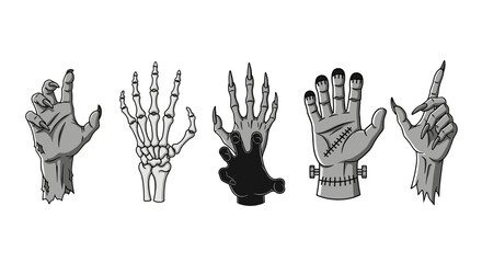 Halloween creepy monster hands vector illustration spooky skeleton zombie witch frankenstein clip art design