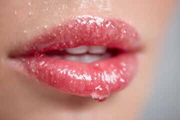 Closeup of womans luscious with glossy lips with a glistening water droplet.