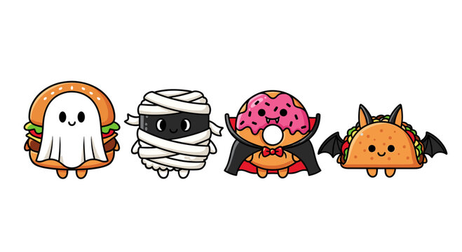 Halloween food characters burger ghost mummy donut vampire taco bat cute spooky october party cartoon - Powered by Adobe