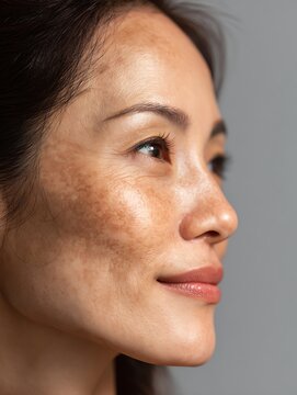 Close-up of an Asian woman's face from the side, showing visible melasma spots on the cheek. Soft lighting and natural skin tone.