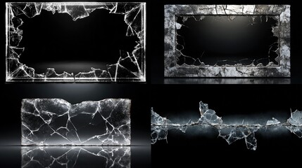 Shattered glass fragments, some framed, showcasing cracks and destruction on black backdrop