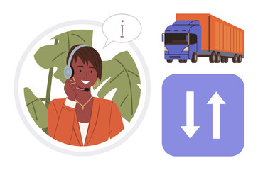 Naklejka premium Customer service representative with a headset speaking, freight truck, and arrows icon for direction and transport. Ideal for logistics, shipping, communication, support, delivery, management