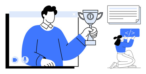 Person holding trophy during video call, woman working on coding, text notes. Ideal for learning, teamwork, achievement, education, coding training, motivation professional growth simple landing