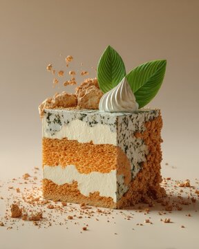 A slice of layered cake, adorned with whipped cream and leaves, sits on a beige surface
