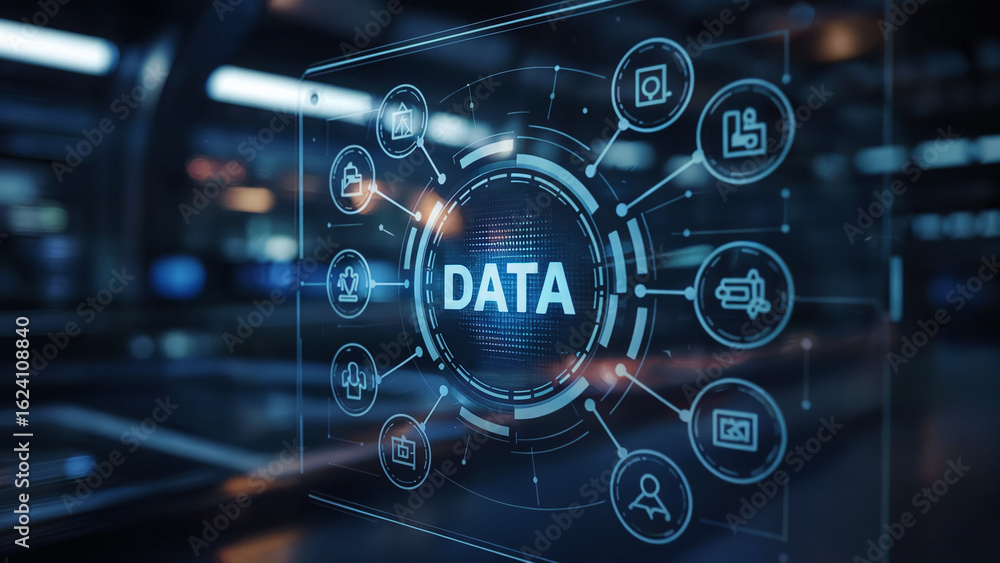 Fototapete digital data interface with icons and word data