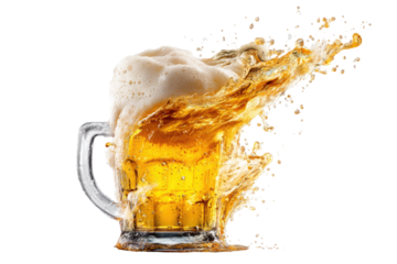 A beer mug overflowing with golden beer, foam splashing outwards