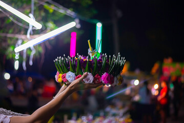 Loy Krathong Traditional Festival, Thai woman hold kratong, Thailand, Asia woman in Thai dress...