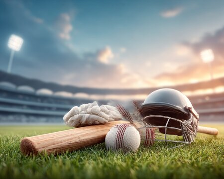 Cricket equipment on grassy field, stadium background