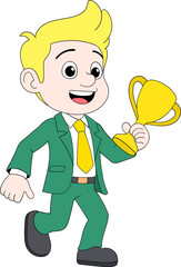 Cartoon Boy in Suit Holding Trophy Illustration