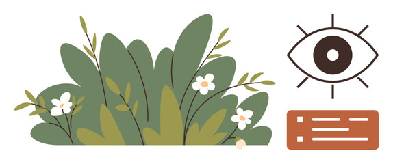 Lush green foliage with blooming white flowers paired with an eye symbol and abstract bar elements. Ideal for ecology, mindfulness, observation, awareness, vision, simplicity, and self-reflection