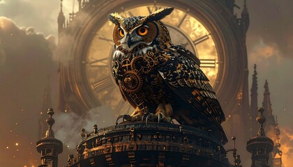 Clockwork owl perches atop steampunk cathedral tower