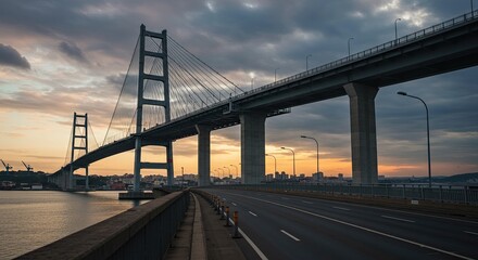 Fototapeta premium Bridge spans the water at sunset with cloudy sky and city skyline view