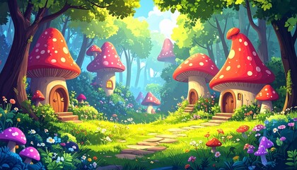 Enchanted Mushroom Village Houses in Forest Glade