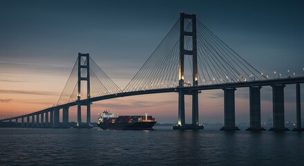 Naklejka premium Cargo ship sailing under a large suspension bridge at dusk with city lights