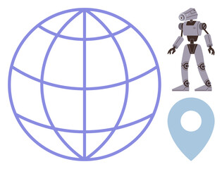 Robot alongside grid-shaped globe and location pin, emphasizing global connectivity, technology, navigation, automation, artificial intelligence, innovation, and mapping. Ideal for technology AI