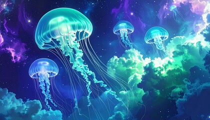 Bioluminescent jellyfish dreamily ascend through cosmic clouds