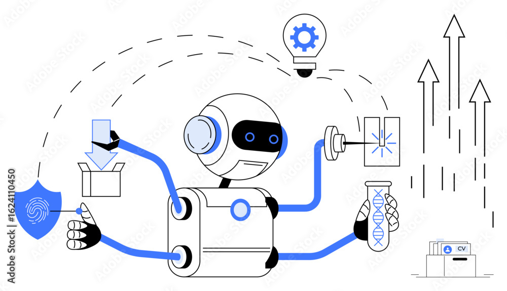 Poster intelligent robot performing tasks thumbs up dna analysis, data encryption, idea generation. ideal f