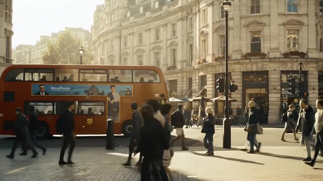 Busy City Street with Red Double Decker Bus and Pedestrians in Morning Sunlight