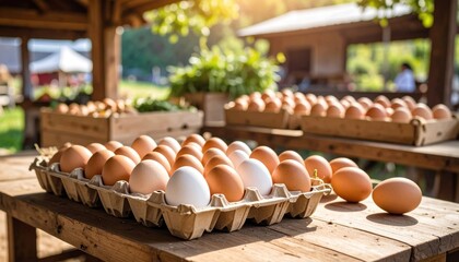 Fresh eggs on rustic wooden table