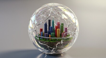 Fragile city under cracked glass dome reflecting modern urban vulnerability