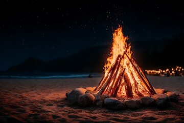 Naklejka premium Cozy Bonfire on Beach at Night with Stars Shining, and Campfire Flames.