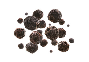Dried hawthorn berries levitate on a white background