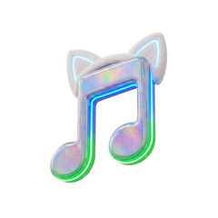 Iridescent 3D Musical Note with Neon Outline and Fuzzy Cat Ears, Representing Playful Digital Music