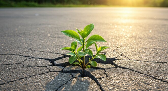 Plant sprouting through cracked asphalt demonstrates resilience and growth